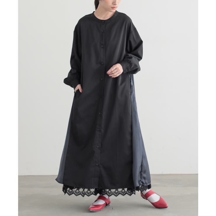 ブラック | n'OrLABEL異素材ギャザーシャツワンピース  | osharewalker