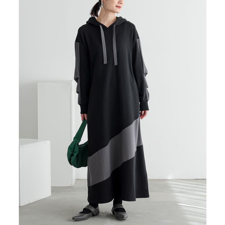 ブラック | n'OrLABEL異素材切替フード付きワンピース  | osharewalker