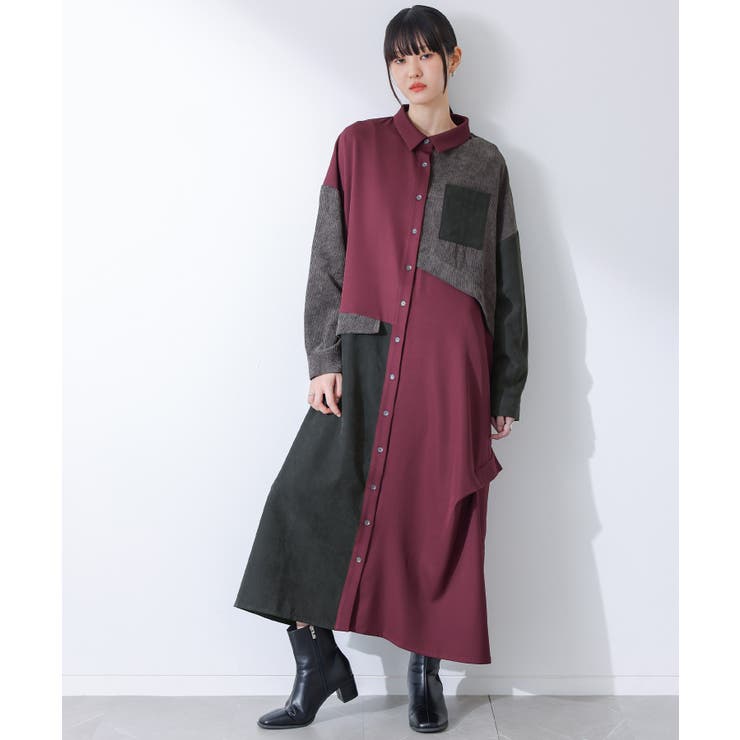 ボルドー | kOhAKU配色異素材ドッキングワンピース  | osharewalker