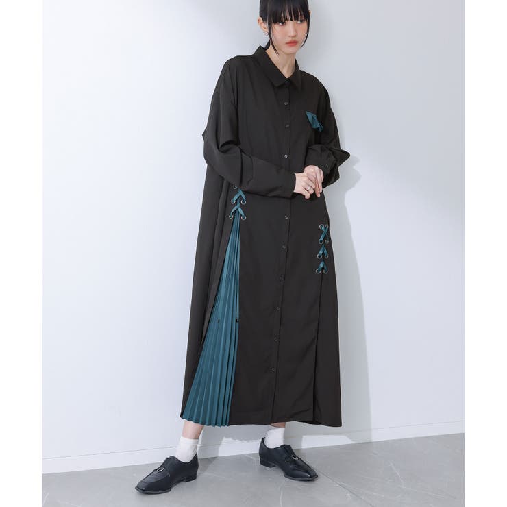 ブラック | kOhAKU配色アシメプリーツシャツワンピース  | osharewalker