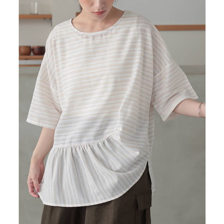 ベージュ | n'OrLABELドルマンアシメボーダーブラウス | osharewalker