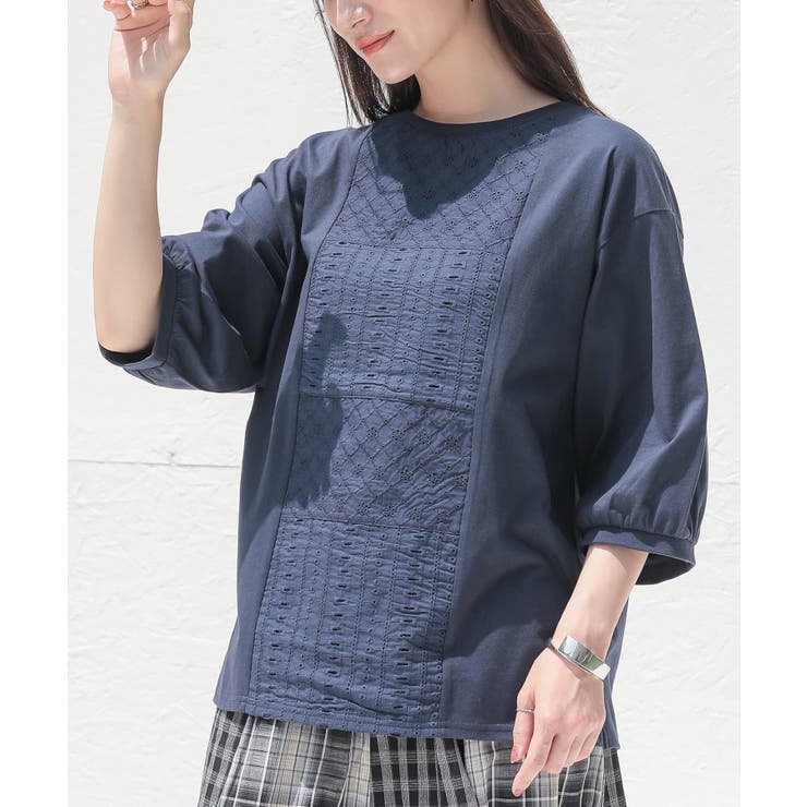 ネイビー | n'OrLABELコットンレース切替ぽわん袖カットソー | osharewalker