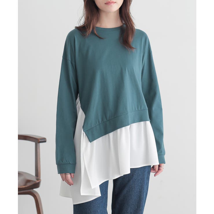 ブルーグリーン | n'OrLABEL異素材アシンメトリーカットソー | osharewalker