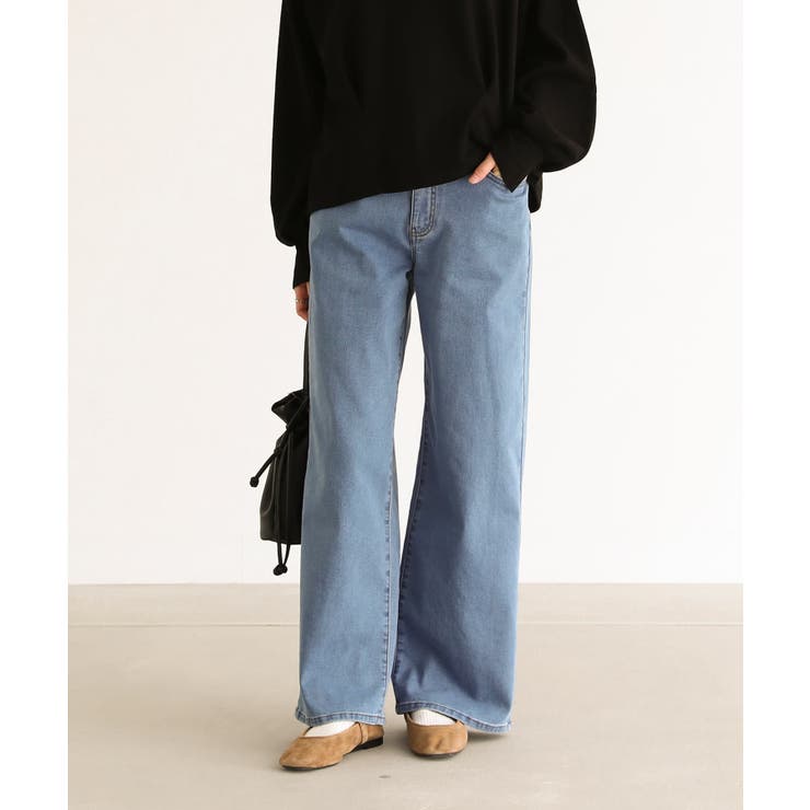 サックスデニム | n'OrLABELパウダー裏起毛ストレートワイドデニムパンツ | osharewalker