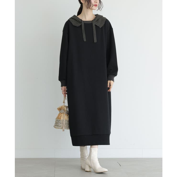 somari imagination裏起毛ニットフード付きワンピース[品番  