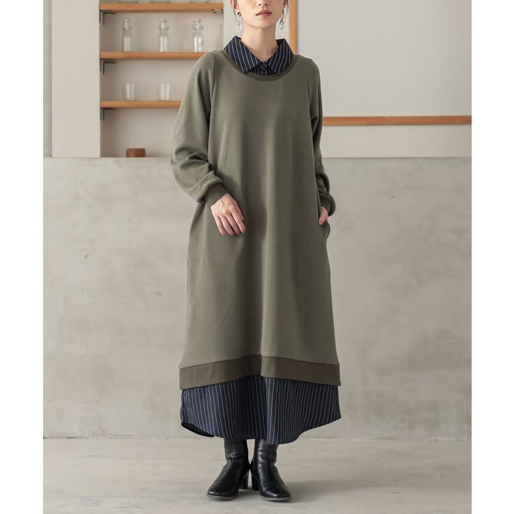 カーキ | n'OrLABEL裏シャギーシャツレイヤード風ワンピース  | osharewalker