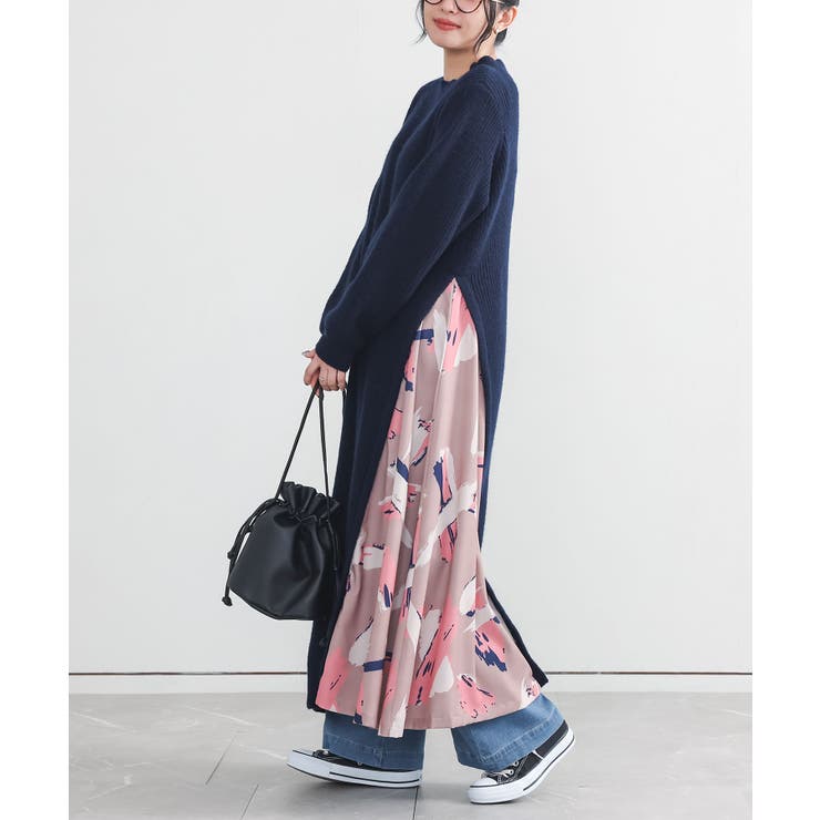 ネイビー | n'OrLABEL異素材切替ニットワンピース  | osharewalker