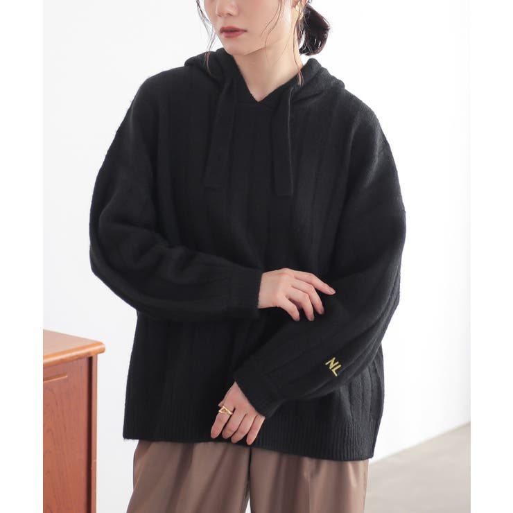 n'OrLABEL刺繍ロゴ入りワイドリブニットパーカー[品番