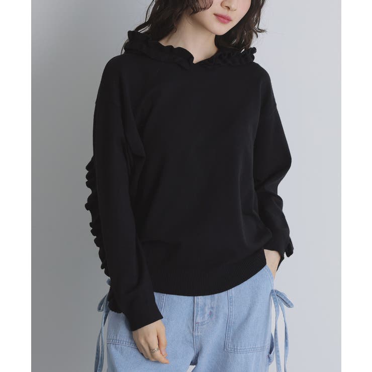ブラック | somari imaginationフリルフードニットプルオーバー | osharewalker