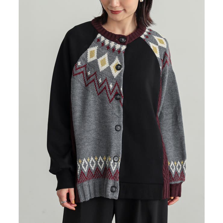 ボルドー | n'OrLABEL裏シャギーパッチワークノルディックニットカーデ  | osharewalker