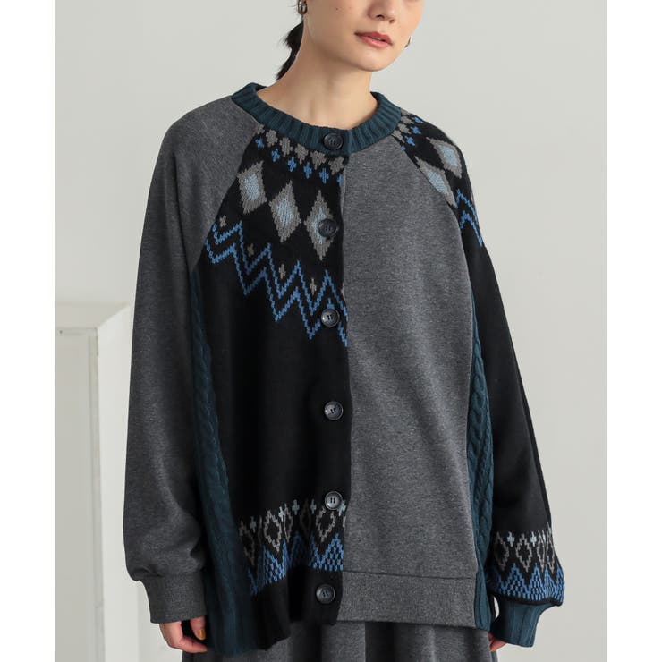 ブルー | n'OrLABEL裏シャギーパッチワークノルディックニットカーデ  | osharewalker
