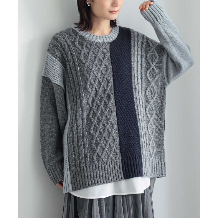 杢グレー | n'OrLABEL配色柄切替ニット  | osharewalker