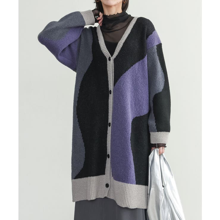 ブラック | n'OrLABELウェーブ柄配色ロングカーディガン  | osharewalker