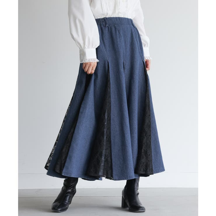 ネイビー | somari imaginationデニムレース切り替えスカート  | osharewalker