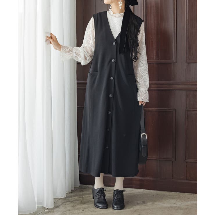 ブラック | n'OrLABELレースブラウス＆ジレワンピースセットアップ  | osharewalker