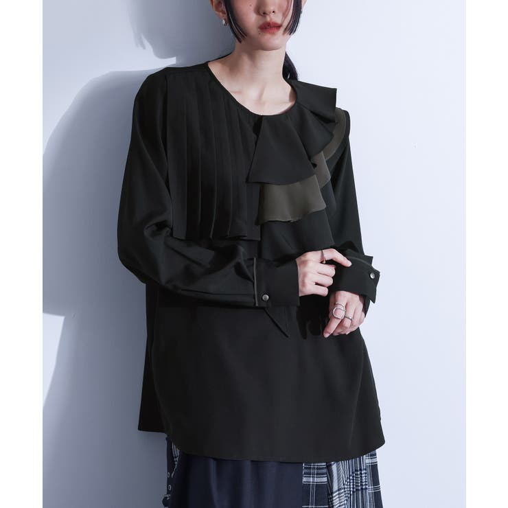 ブラック | kOhAKU異素材配色プリーツブラウス | osharewalker