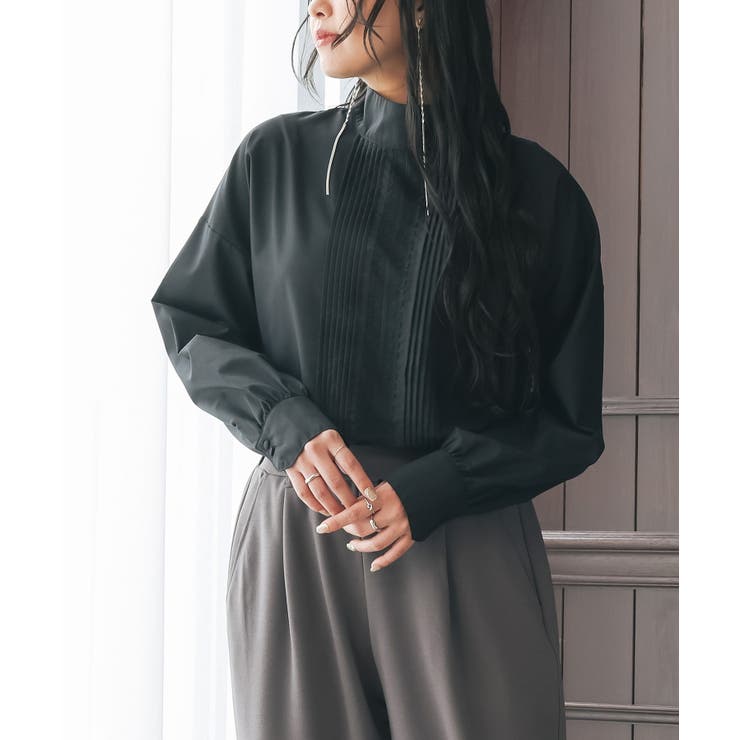 ブラック | n'OrLABELピンタックレーススタンドカラーブラウス | osharewalker