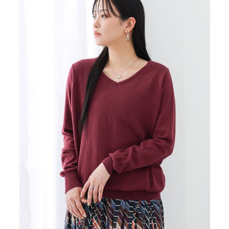 ボルドー | n'OrLABELゆるやかVネックシンプル綿ニット | osharewalker