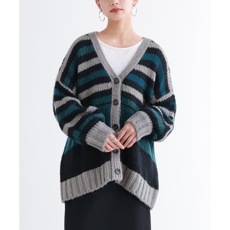 ブラック | n'OrLABELミックスボーダー柄ニットカーディガン | osharewalker