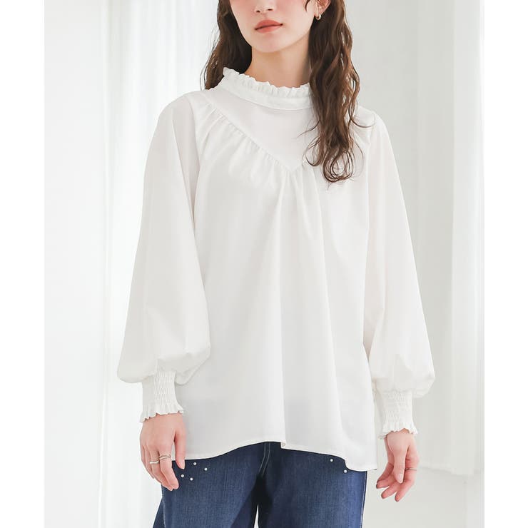 アイボリー | n'OrLABELフリル×Vデザインハイネックブラウス | osharewalker