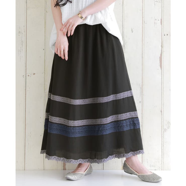 ブラック | somari imagination配色コットンレースフレアスカート | osharewalker