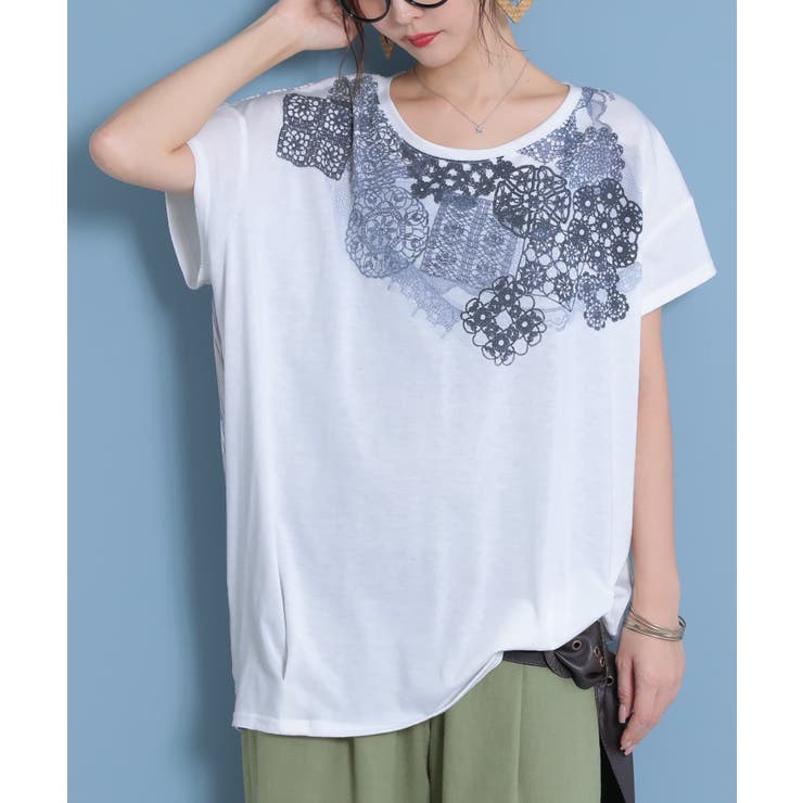 オフホワイト(006) | レースプリント×ストライプTシャツ | osharewalker