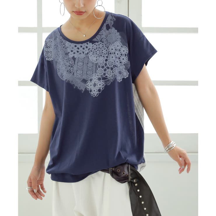 ネイビー(031) | レースプリント×ストライプTシャツ | osharewalker