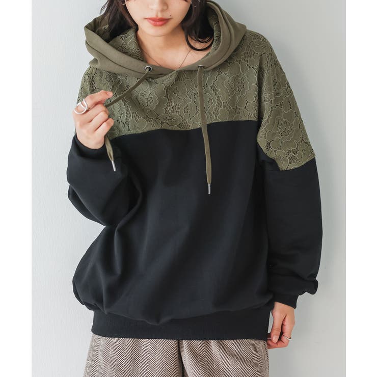 ブラック | n'OrLABELレース×配色デザインパーカー  | osharewalker