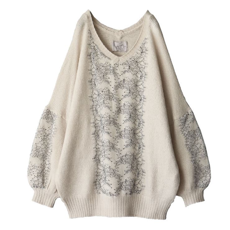 【全3色】レース切替長袖ニット　アイボリー ホワイト ブラック【lace-0116atop】( lam )(250206) 透かし編み襟付きニットトップス（ニット/セーター）｜KOBE