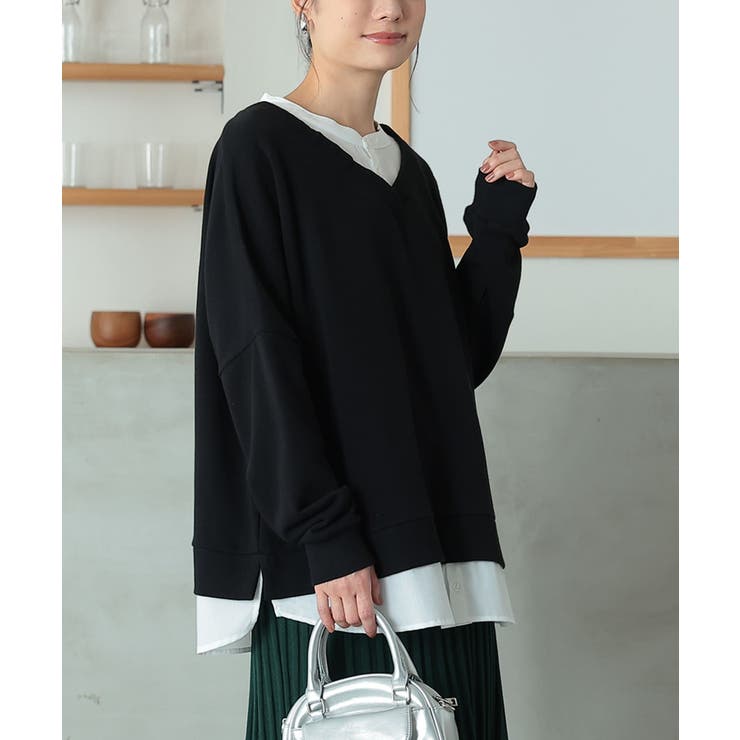 ブラック | n'OrLABELシャツドッキングVネックスウェット  | osharewalker