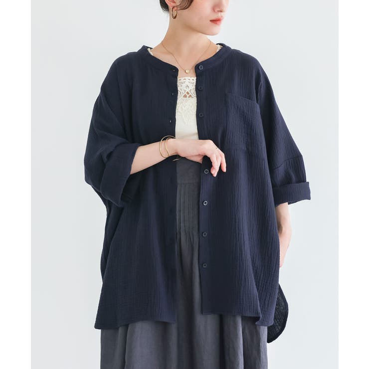 ネイビー | n'OrLABELダブルガーゼバンドカラーシャツ  | osharewalker