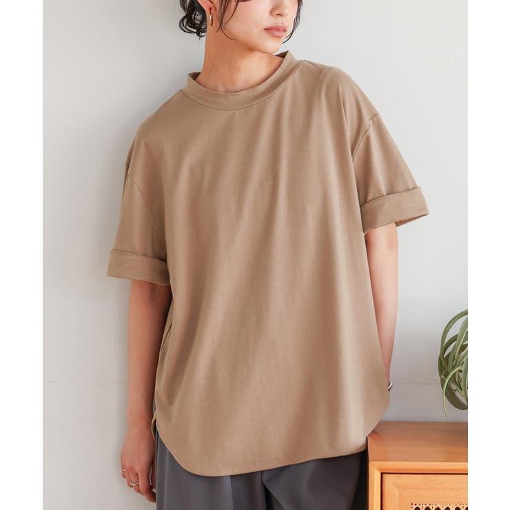 グレイッシュブラウン | n'OrLABELモックネック×ラウンドヘムTシャツ | osharewalker
