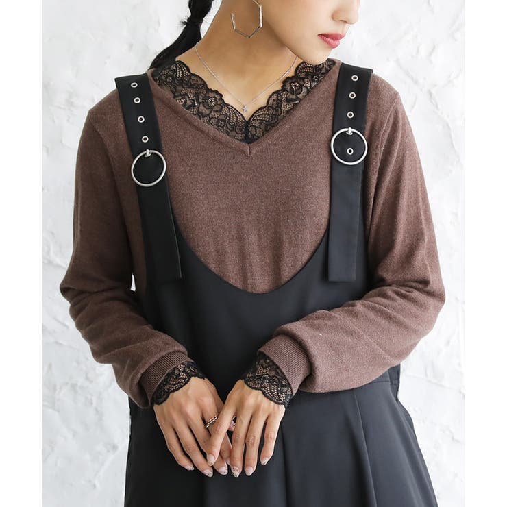 ブラック | n'OrLABELあったかVネックレースロンT | osharewalker