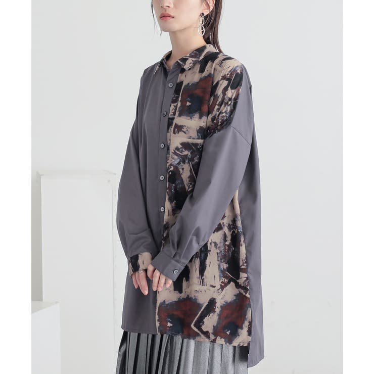 トープグレー | n'OrLABELアート柄アシメロングシャツ | osharewalker
