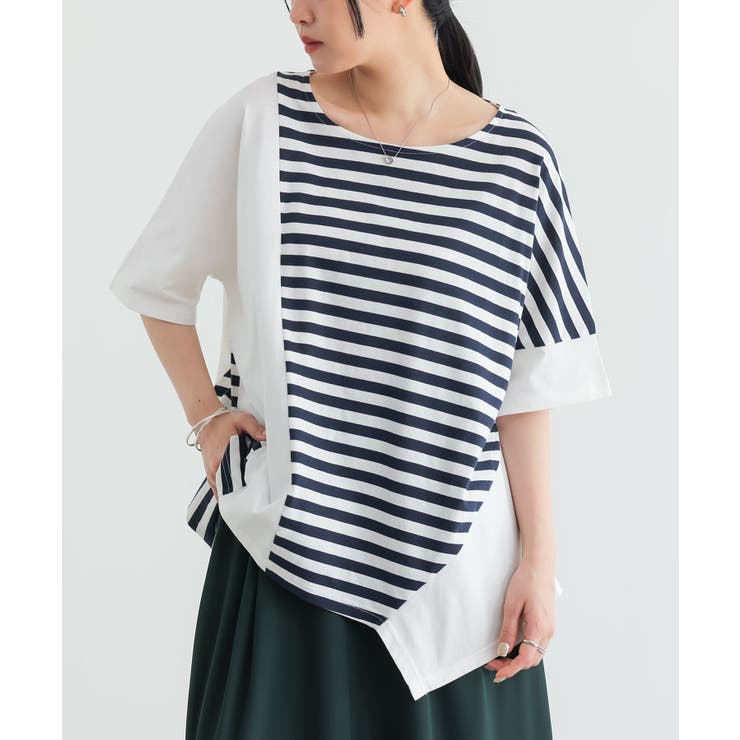 オフホワイト | n'OrLABEL無地×ボーダー切替アシメデザインTシャツ | osharewalker