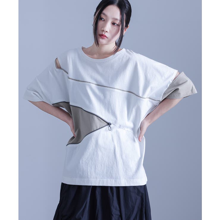 HYKE アシンメトリー Tシャツ サイズ1 ホワイト kOhAKUアシンメトリー配色デザインTシャツ[品番：MITW0016794