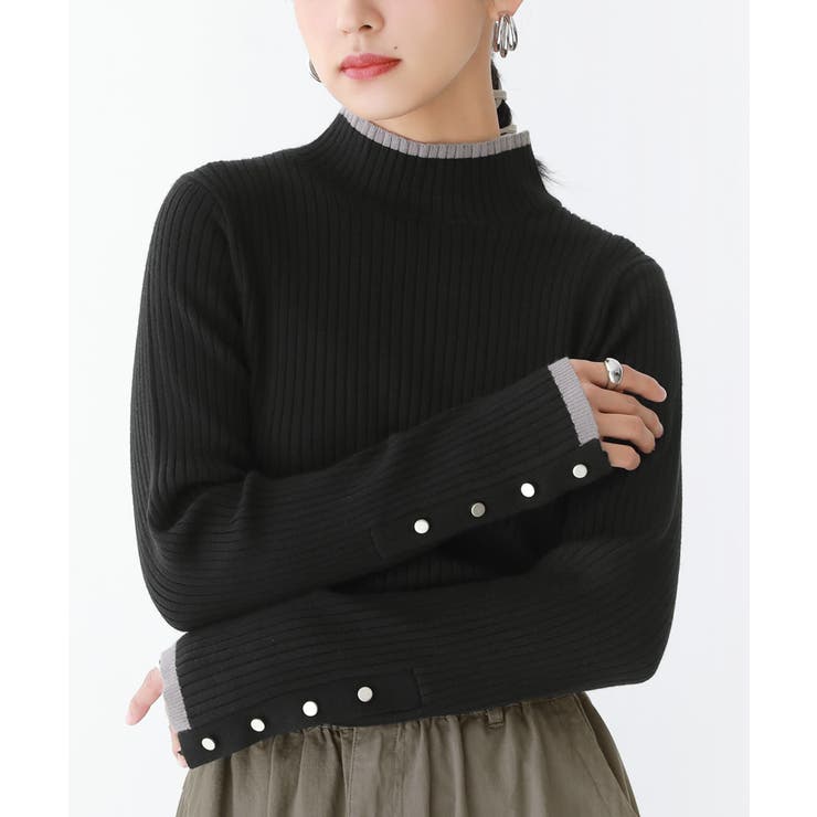 ブラック | n'OrLABEL配色袖ボタンハイネックニット  | osharewalker