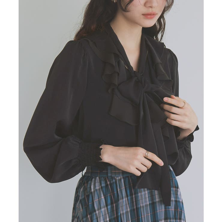 ブラック | somari imaginationボウタイ付きラッフルフリルブラウス | osharewalker