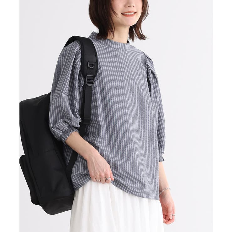 ネイビー | n'OrLABELストライプ柄ボリューム袖ブラウス | osharewalker