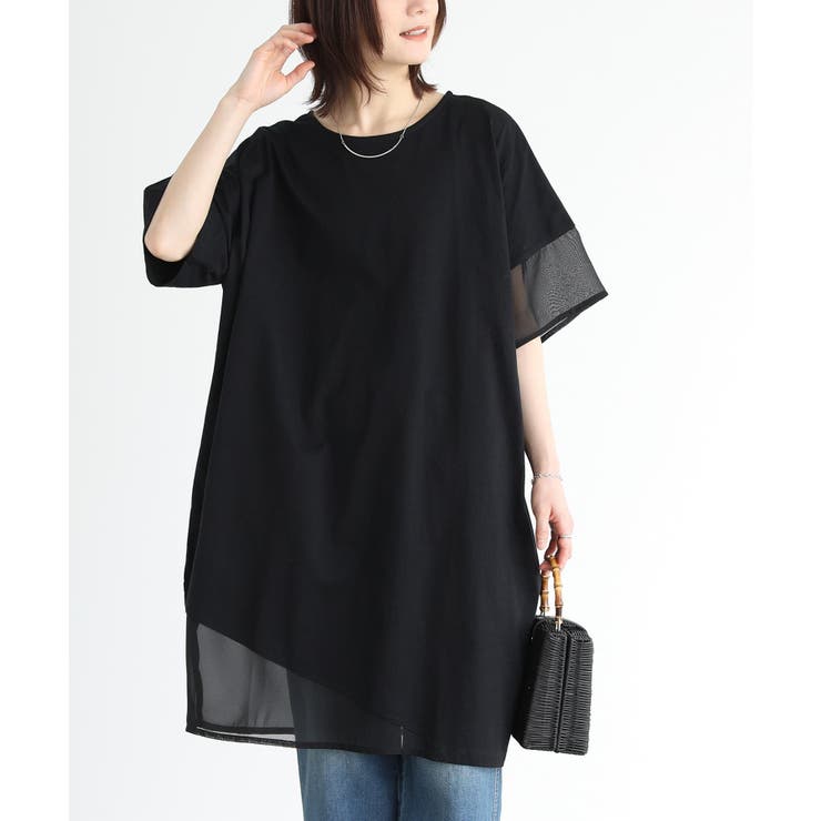 ブラック | n'OrLABELシアー切替コクーンデザインチュニック | osharewalker