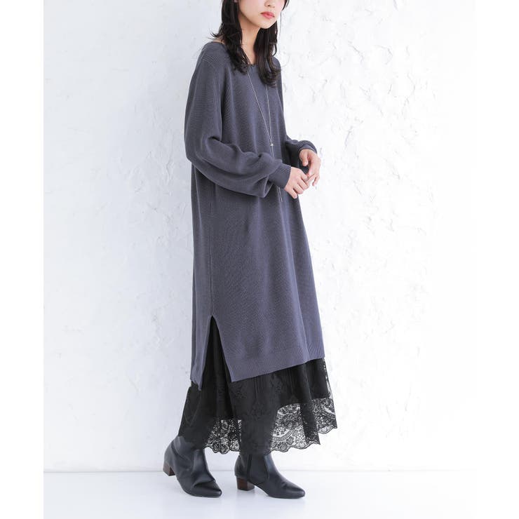グレイッシュネイビー | n'OrLABELニット＆レースペチコート2点set  | osharewalker