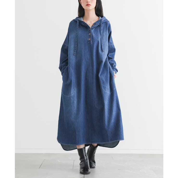 ウォッシュブルー | somari imaginationデニムフードワンピース  | osharewalker