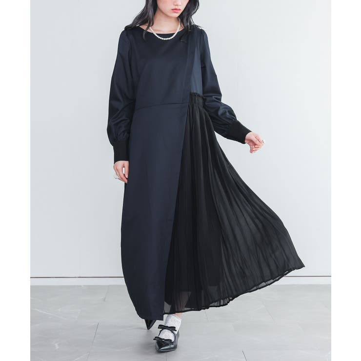 ダークネイビー | somari imagination異素材プリーツ切替アシメワンピース | osharewalker