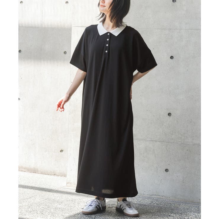 ★ELF SACK ★ブラック シースルー ポロ襟 ワンピース/送料込 n'OrLABELひんやり冷感配色ポロワンピース [品番:MITW0016688
