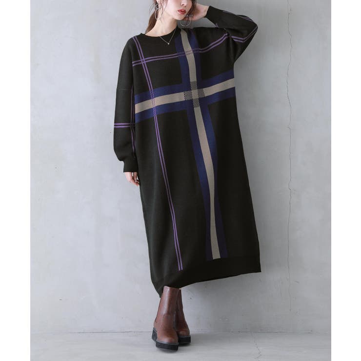 【状態良好】sweetコラボクレストブリッジ☆チェックジャカードニットワンピース BLUE LABEL CRESTBRIDGE（ブルーレーベルクレストブリッジ）の「【美人