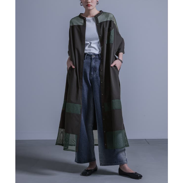 ブラック | kOhAKUメッシュ切り替えシャツワンピース | osharewalker
