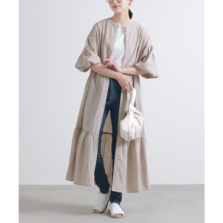 ベージュ | n'OrLABELストライプ柄ティアードワンピース  | osharewalker