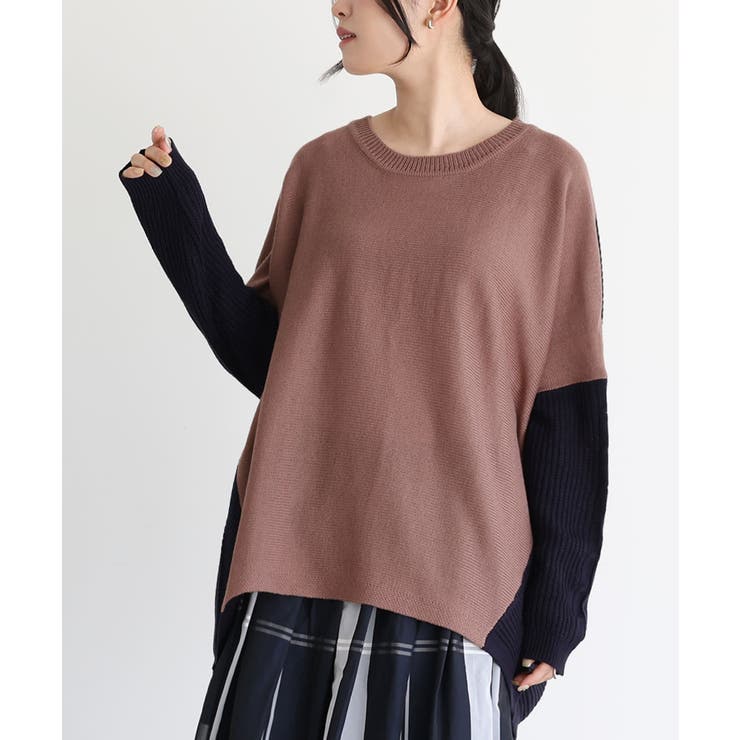 グレイッシュピンク | n'OrLABELケーブル袖配色ニット  | osharewalker