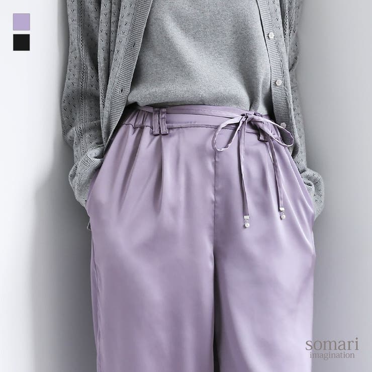 somari imaginationフェイクパールベルト付きサテンカーブパンツ | osharewalker | 詳細画像1 
