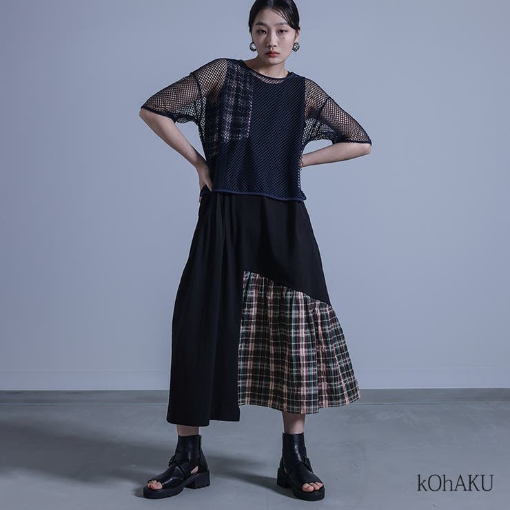 kOhAKUメッシュTシャツ×チェック柄切替タンクワンピースセット | osharewalker | 詳細画像1 
